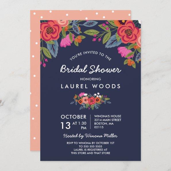 Bohemian Bouquet - Navy Blue Bridal Shower Invitations