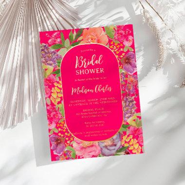 Bohemian bright floral arch script bridal shower foil Invitations
