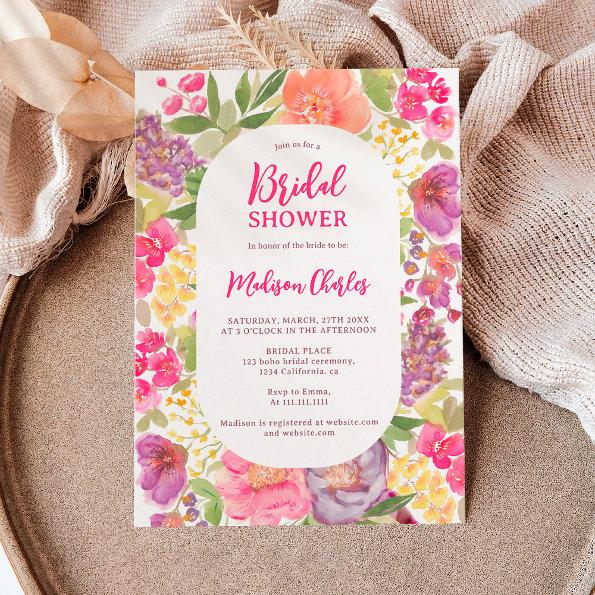 Bohemian bright floral arch script bridal shower Invitations