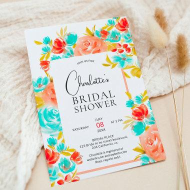 Bohemian bright orange blue floral bridal shower Invitations