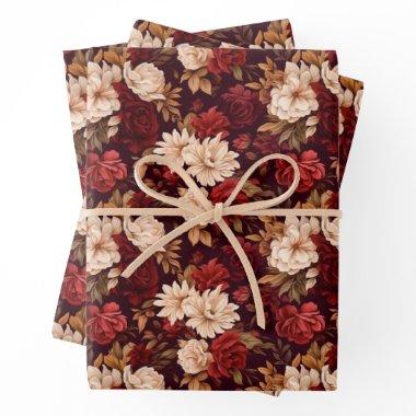 Bohemian burgundy beige flowers wrapping paper sheets
