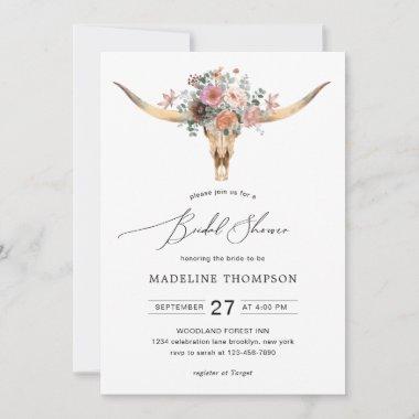 Bohemian Cow Skull Floral Watercolor Bridal Shower Invitations