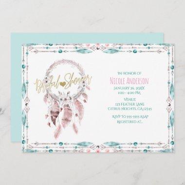 Bohemian Feather Dream Catcher Teal Bridal Shower Invitations