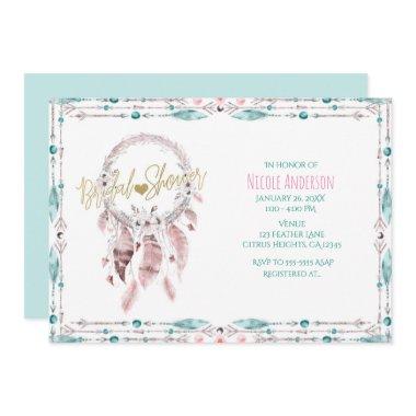 Bohemian Feather Dream Catcher Teal Bridal Shower Invitations