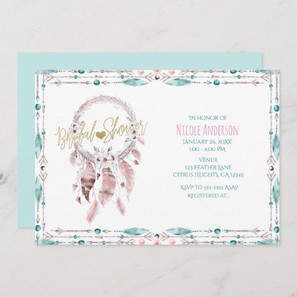 Bohemian Feather Dream Catcher Teal Bridal Shower Invitations