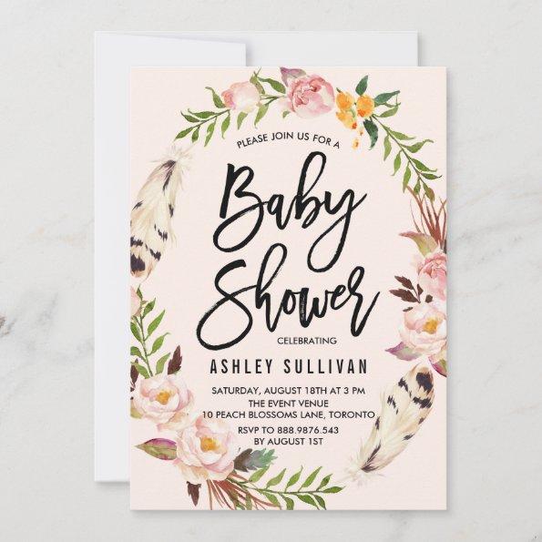 Bohemian Feathers and Floral Wreath Baby Shower Invitations