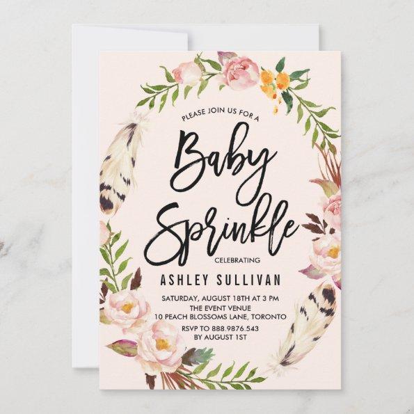 Bohemian Feathers and Floral Wreath Baby Sprinkle Invitations