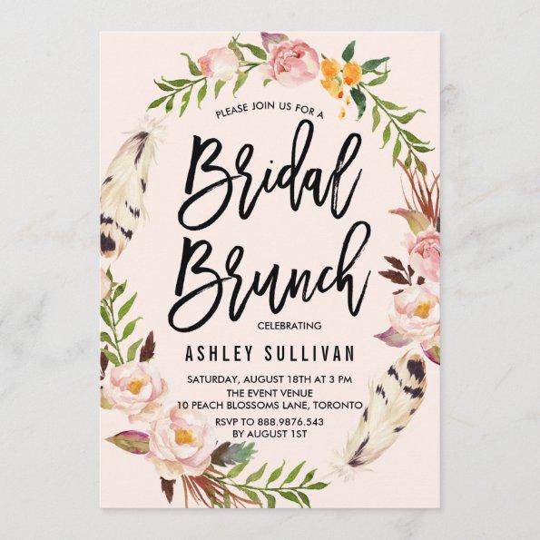 Bohemian Feathers and Floral Wreath Bridal Brunch Invitations