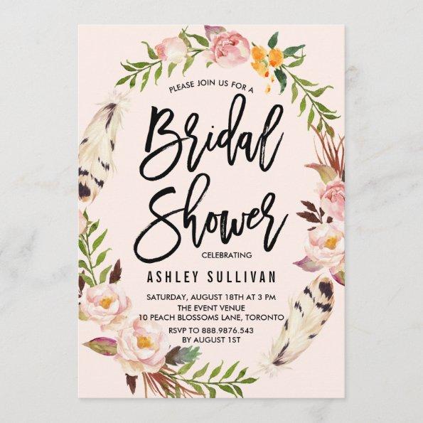 Bohemian Feathers and Floral Wreath Bridal Shower Invitations