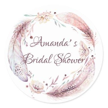 Bohemian Feathers Wreath Bridal Shower Classic Round Sticker