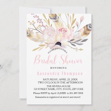 Bohemian Floral &Feathers Bridal Shower Invitations