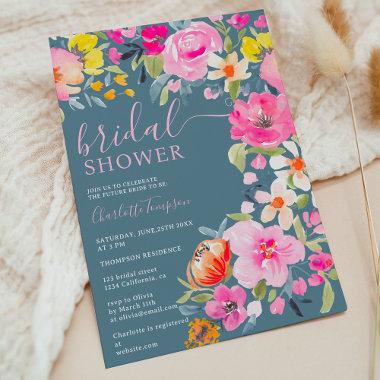 Bohemian floral watercolor blue bridal shower Invitations