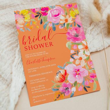 Bohemian floral watercolor orange bridal shower Invitations