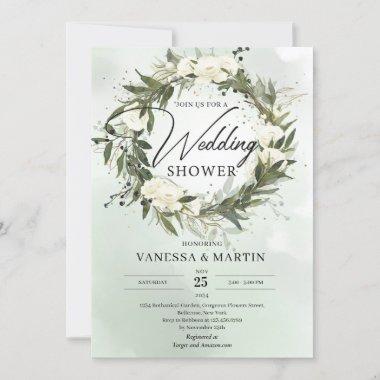 Bohemian Olive wreath greenery white roses floral Invitations