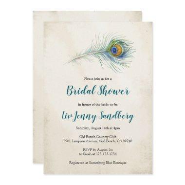 Bohemian Peacock Feather Teal Bridal Shower Invitations