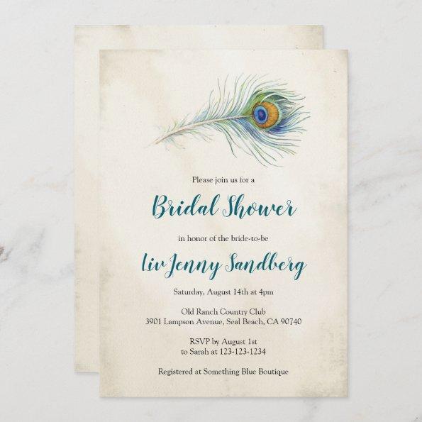 Bohemian Peacock Feather Teal Bridal Shower Invitations