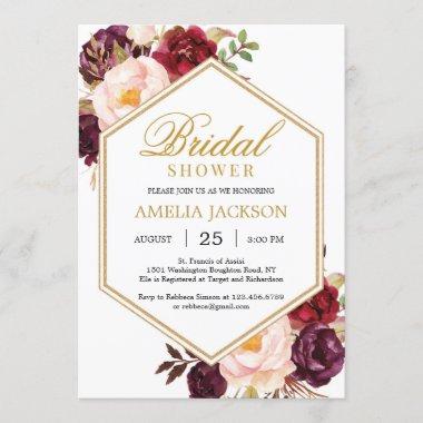 Bohemian personalzied blush burgundy floral bridal Invitations