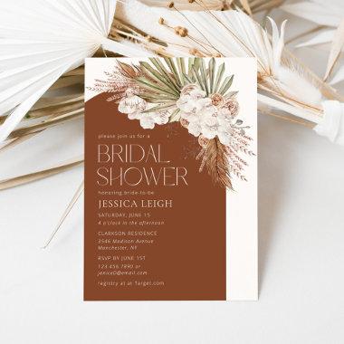 Bohemian Terracotta Floral Feathers Bridal Shower Invitations