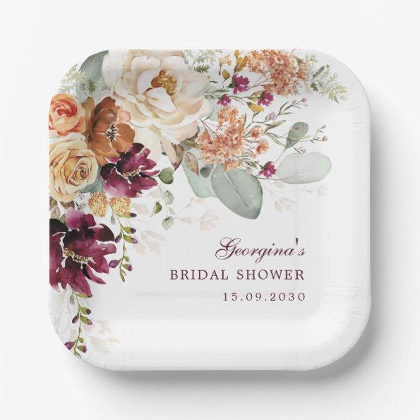 Bohemian Terracotta Maroon Flower Bridal Shower Paper Plates