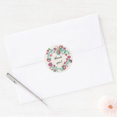 Bohemian turquoise floral flowers wreath thank you classic round sticker