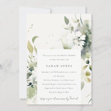 Boho Abstract Green White Floral Bridal Shower Invitations