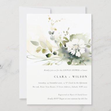 Boho Abstract Green White Floral Couples Shower Invitations