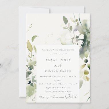 Boho Abstract Green White Floral Couples Shower Invitations