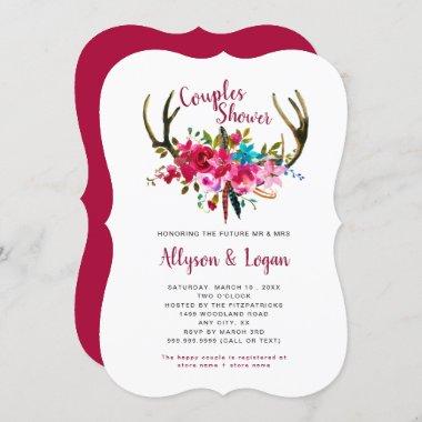Boho Antlers Fuchsia Pink Floral Couples Shower Invitations