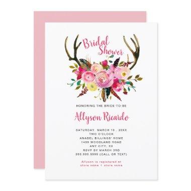 Boho Antlers Pink Mix Floral Bridal Shower Invitations