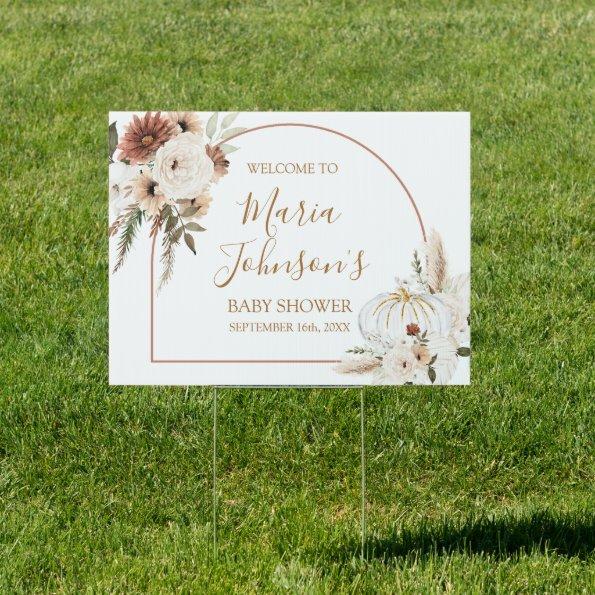Boho Arch White Pumpkin Floral Welcome Banner Sign