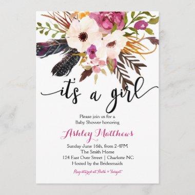 Boho arrows feathers Floral Baby Shower Invitations