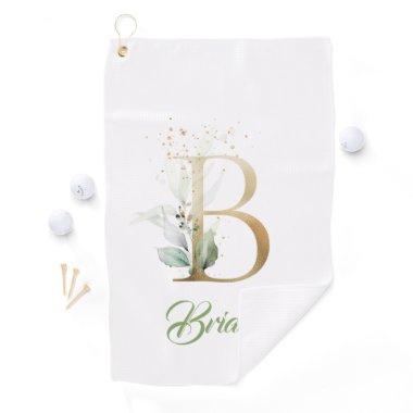 Boho B monogram greenery eucalyptus gold glitter Golf Towel