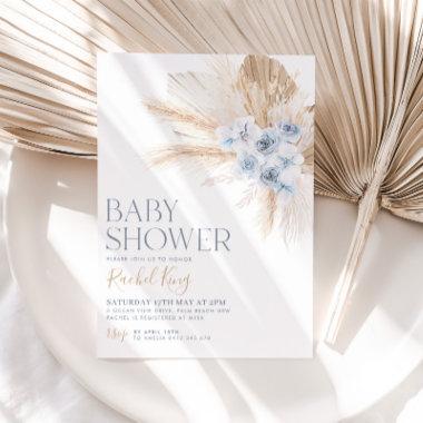 Boho Baby Shower Invitations Flowers Blue Neutral