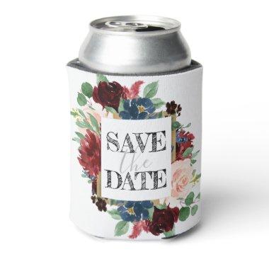 Boho Bloom | Burgundy Red and Navy Save the Date Can Cooler