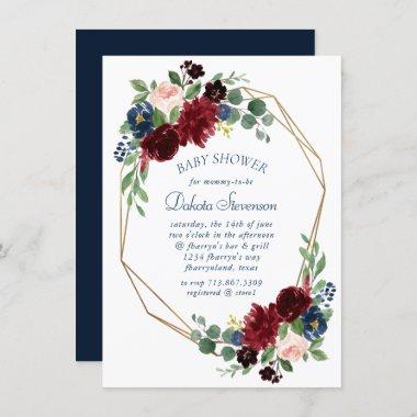 Boho Blooms | Rustic Navy Blue and Burgundy Shower Invitations