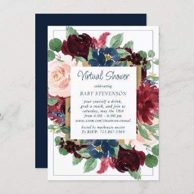 Boho Blooms | Rustic Navy Blue and Burgundy Shower Invitations