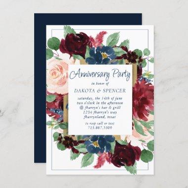 Boho Blooms | Rustic Navy Blue and Burgundy Wreath Invitations