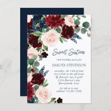 Boho Blooms | Rustic Navy Blue and Burgundy Wreath Invitations