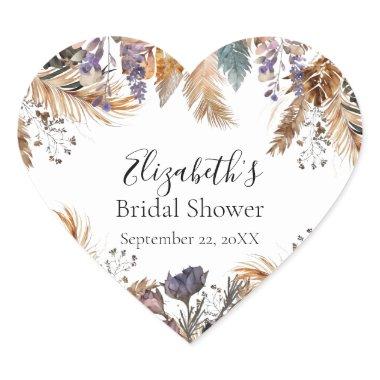 Boho Blue Brown Botanical Palm Pampas Grass Bridal Heart Sticker