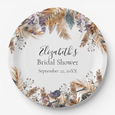 Boho Blue Brown Botanical Palm Pampas Grass Bridal Paper Plates