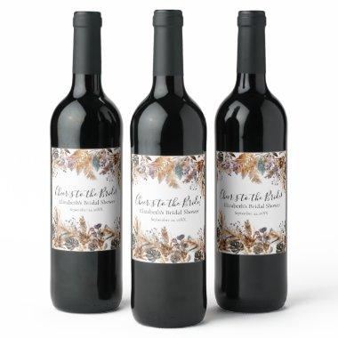 Boho Blue Brown Botanical Palm Pampas Grass Bridal Wine Label