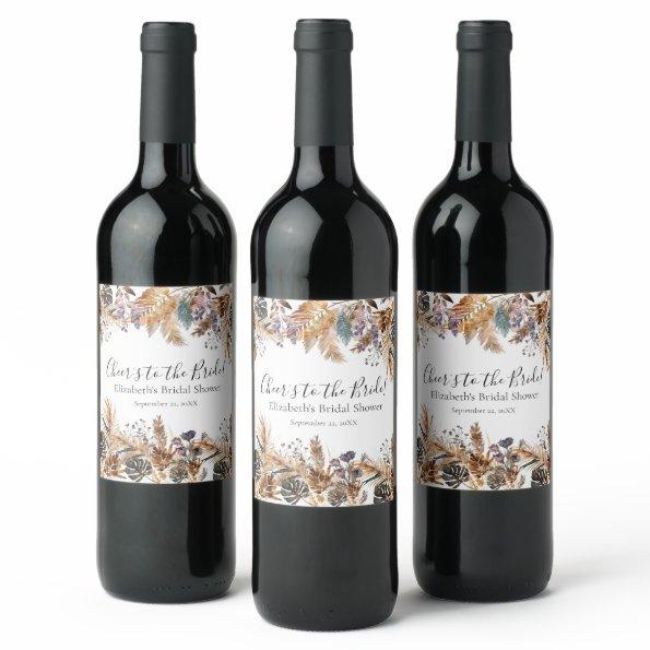 Boho Blue Brown Botanical Palm Pampas Grass Bridal Wine Label