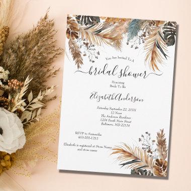 Boho Blue Brown Pampas Grass Palm Leaves Bridal Sh