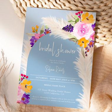 Boho blue floral pampas desert arch bridal shower Invitations