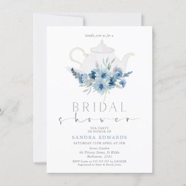 Boho Blue Floral Tea Party Bridal Shower Invitations