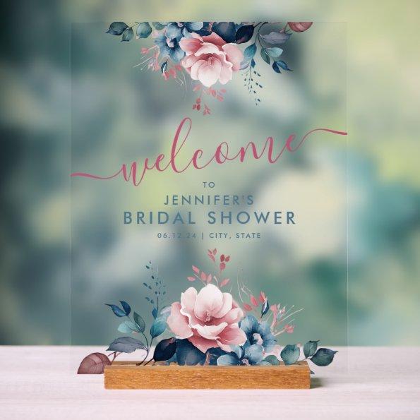 Boho Blue Garden Floral  Welcome Acrylic Sign