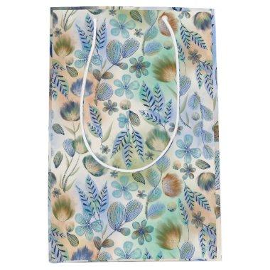 Boho Blue Green Whimsical Floral Botanical  Medium Gift Bag