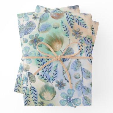 Boho Blue Green Whimsical Floral Botanical Wrapping Paper Sheets