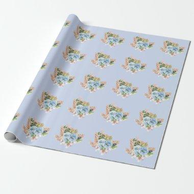 Boho Blue Pampass Grass Floral Hey Boy Baby Shower Wrapping Paper