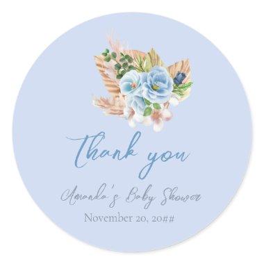 Boho Blue Pampass Grass Floral Oh Boy Baby Shower Classic Round Sticker